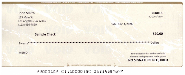 Sample Check, image of a Remotely Created Check